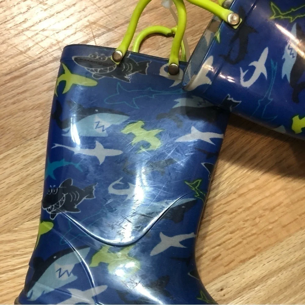 Shark Rain Boots Sz 11 Pull Up Kids Blue Green Boys